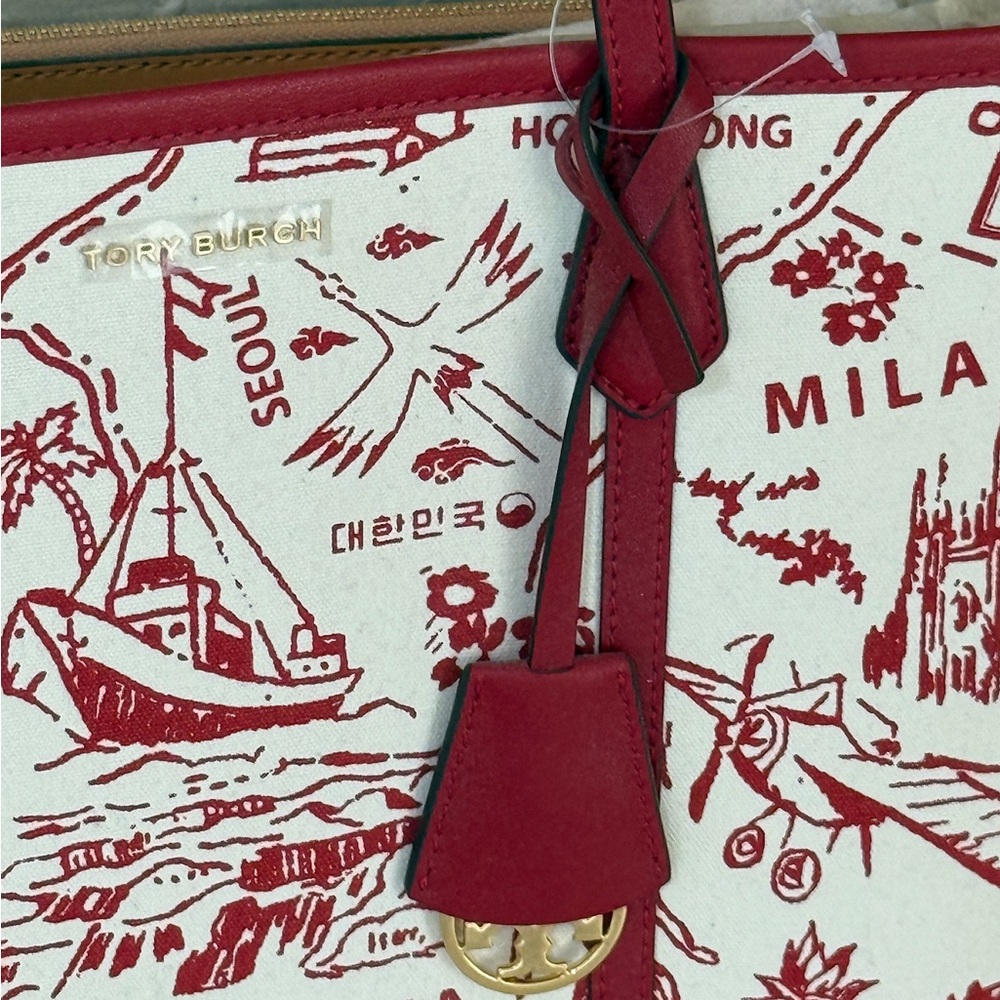 NWT Tory Burch Illustrated Tote in Red Cream highlighting international cities - Picture 12 of 13